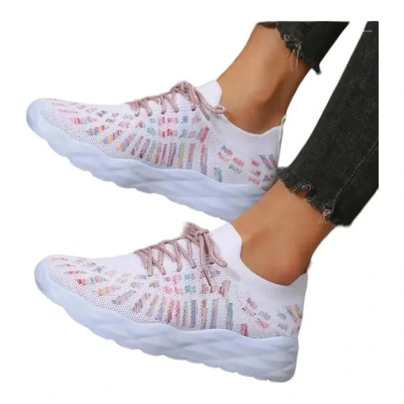 KNIT LACE UP SNEAKERS‎ PASTEL COLOR DETAILS PINK WHITE WOMEN'S SIZE 8.5 - Picture 1 of 11